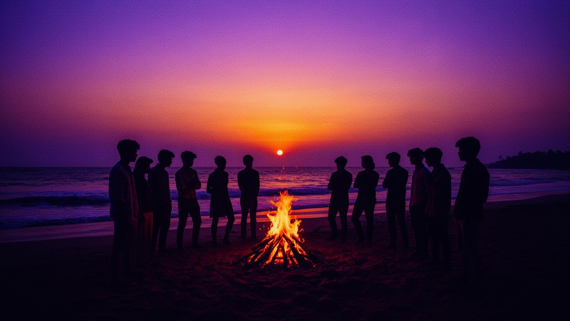 Friends around a beach bonfire at sunset